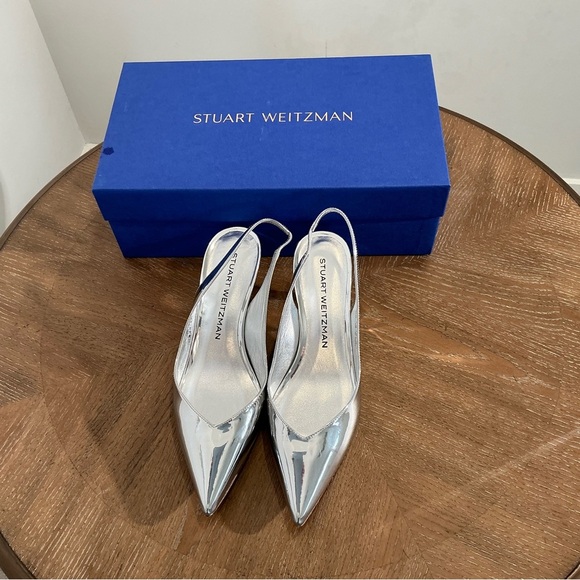 Stuart Weitzman Women Eva 50 Solid Slingback Heels Silver Specchio - Picture 1 of 3